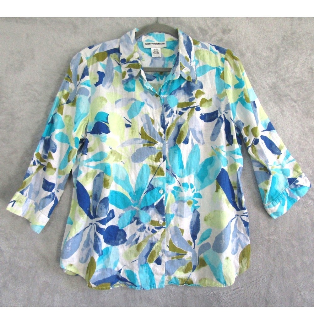 Cathy Daniels Floral Linen Blend 3/4 Sleeve Button Front Shirt Top L‎